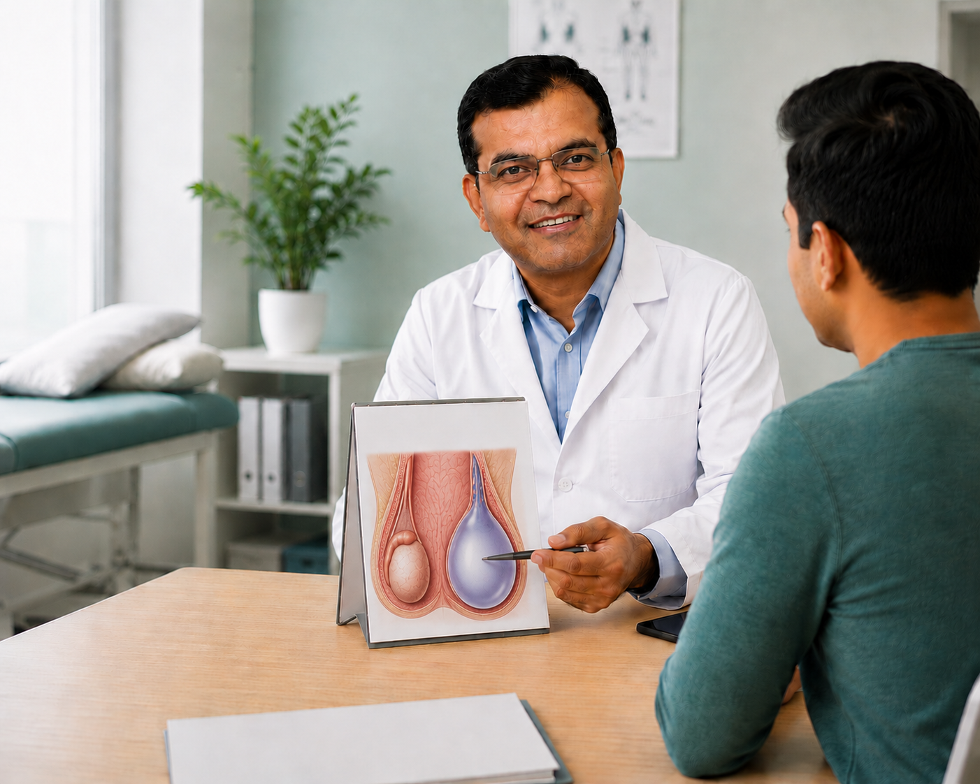 Healthy testicle compared with hydrocele — medical illustration