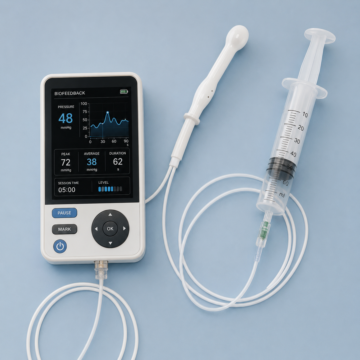 Biofeedback therapy device showing real-time pressure readings, anal probe and balloon syringe used during pelvic floor retraining