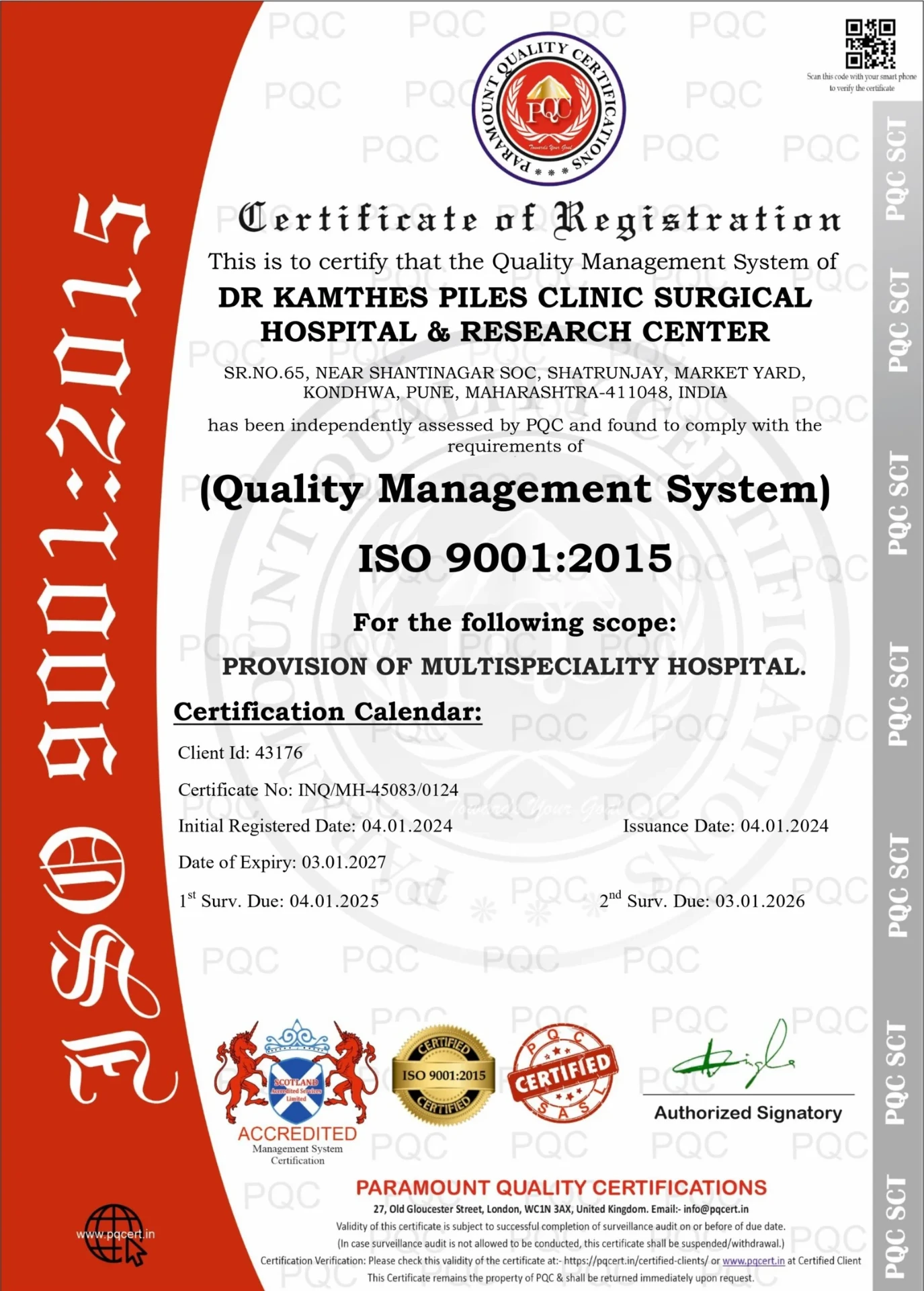 ISO 9001:2015 Certificate — Dr. Kamthe's Piles Clinic