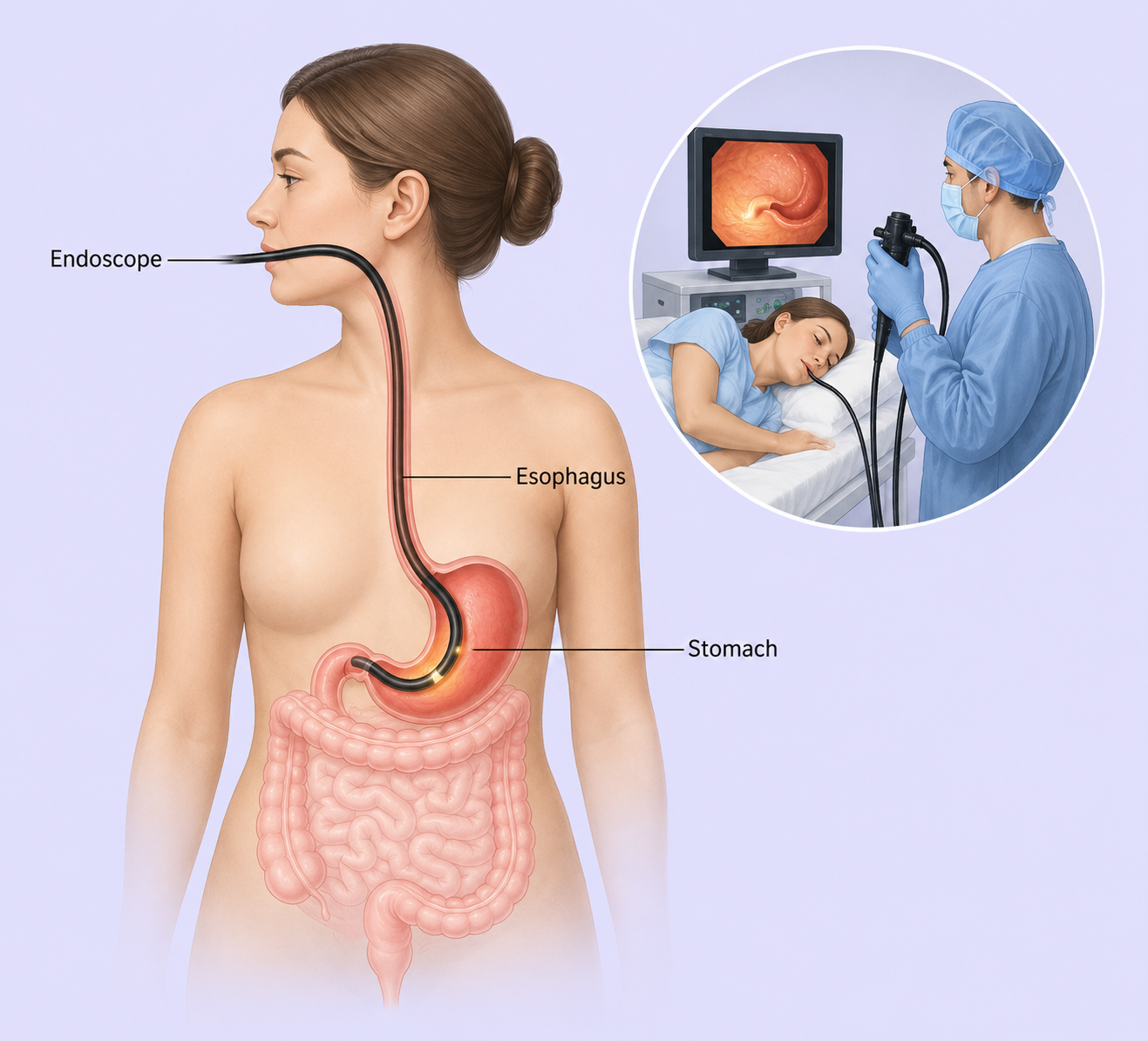 Medical illustration showing an endoscope passed through the mouth into the esophagus and stomach, with a doctor performing the procedure